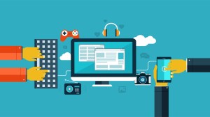 Flat design icons for web and mobile. Interaction hands using keyboard and mobile application.